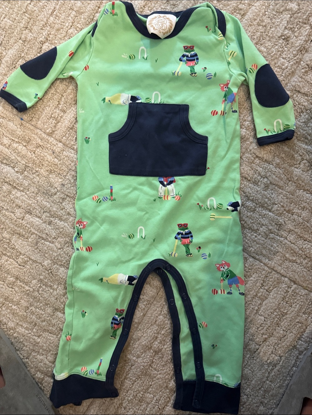 Beaufort Bonnet Long-Sleeve Baby One-Piece with Navy Pocket 12-18 mos